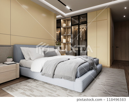 Modern bedroom with soft yellow accent wall, blue upholstered bed, open wardrobe with glass doors, and a blend of natural textures for a stylish and serene space 118496383