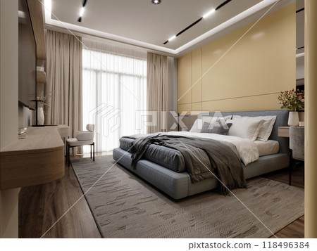 Elegant bedroom with light yellow accent wall, soft blue bed frame, natural wood furniture, and luxurious textures, creating a warm and inviting retreat 118496384