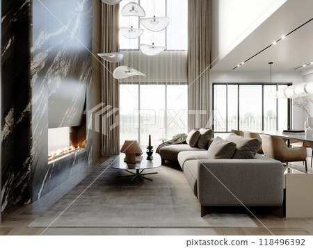 Contemporary living room with dark marble fireplace, high ceilings, soft beige sofa, sculptural pendant lights, and large windows, creating a luxurious and elegant ambiance Contemporary living room with dark marble fireplace, high ceilings, soft beige sofa, sculptural pendant lights, and large windows, creating a luxurious and elegant ambiance 118496392