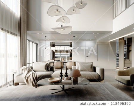 Contemporary living room with neutral tones, sculptural pendant lights, beige seating, marble coffee table, and large windows, creating a bright and airy atmosphere Contemporary living room with neutral tones, sculptural pendant lights, beige seating, marble coffee table, and large windows, creating a bright and airy atmosphere 118496393