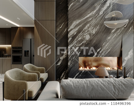 Luxurious living area with dark marble fireplace, velvet armchairs, modern decor, and ambient lighting, creating a warm and sophisticated atmosphere 118496396