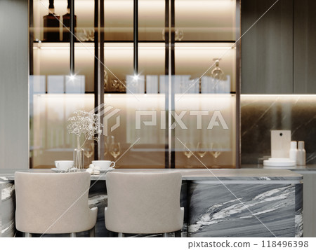 Elegant kitchen island with marble texture, beige bar chairs, backlit glass cabinetry, and minimalist decor, creating a refined and contemporary dining space 118496398