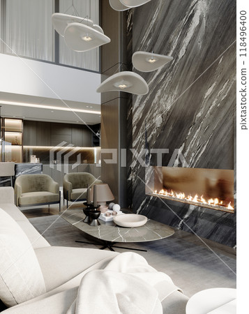 Luxurious living room with dark marble fireplace, sculptural pendant lights, velvet armchairs, and modern decor, creating a sophisticated and warm ambiance Luxurious living room with dark marble fireplace, sculptural pendant lights, velvet armchairs, and modern decor, creating a sophisticated and warm ambiance 118496400