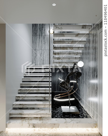 Modern staircase with floating marble steps, artistic sculpture, and accent lighting, creating a dramatic and elegant focal point in a contemporary interior 118496401