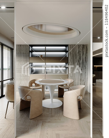 Modern dining nook with circular white table, beige sculptural chairs, backlit shelving, and minimalist decor, creating an elegant and cozy atmosphere Modern dining nook with circular white table, beige sculptural chairs, backlit shelving, and minimalist decor, creating an elegant and cozy atmosphere 118496402