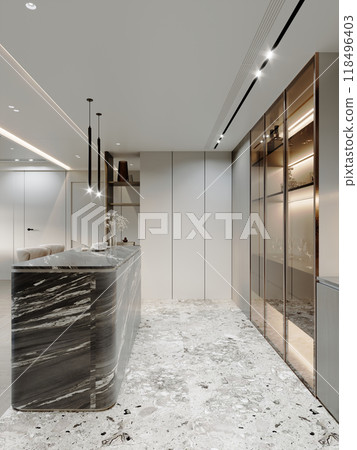 Minimalist kitchen with marble island, backlit cabinetry, and sleek white walls, creating a sophisticated and contemporary cooking space 118496403