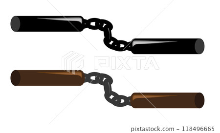 Wooden and metal nunchucks on iron chain for protection and defense, nunchaku icon set vector illustration symbol design, nunchaku ninja weapons, equipment personal defense 118496665