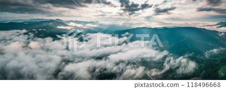 Aerial view of fog and morning sky from drone 118496668