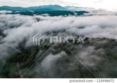 Aerial view of fog and morning sky from drone 118496672
