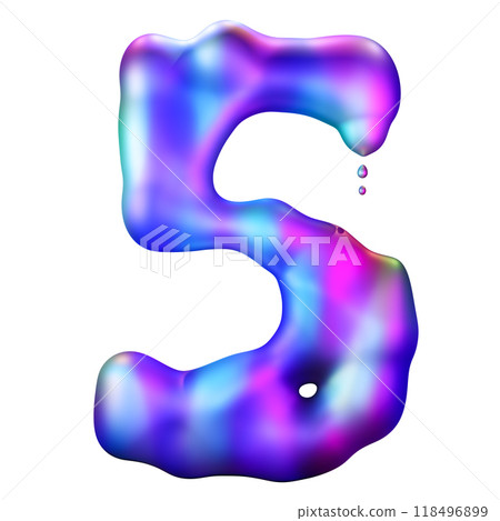Holographic liquid number 5 isolated on white background. Dynamic fluid, iridescent futuristic surface. Numeral five. Flowing shape. Cutout design element. Fifth birthday, anniversary. Y2k style. 3D. 118496899