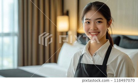 Young hotel staff member smiling in front of bed and clean room. 118497070