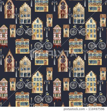 Old European city town village street house. Historical cityscape gothic building, lamp posts, bicycle. Watercolor hand drawn seamless pattern. Tourist shops souvenirs, travel brochures, real estate Old European city town village street house. Historical cityscape gothic building, lamp posts, bicycle. Watercolor hand drawn seamless pattern. Tourist shops souvenirs, travel brochures, real estate 118497596