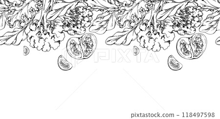Vegetables and green salad mix for diet, healthy lifestyle, vegan cooking. Hand drawn vector ink. Illustration seamless border isolated on white background. Design recipe book, website, card, menu Vegetables and green salad mix for diet, healthy lifestyle, vegan cooking. Hand drawn vector ink. Illustration seamless border isolated on white background. Design recipe book, website, card, menu 118497598