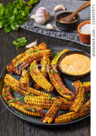 bbq corn ribs on a plate, top view 118497671