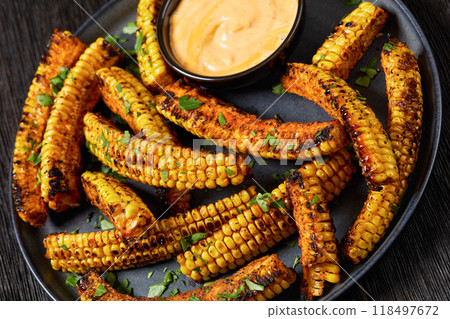 bbq corn ribs on a plate, top view 118497672