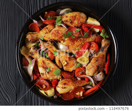 Basque Chicken Pepper Artichoke and Chorizo Saute 118497676