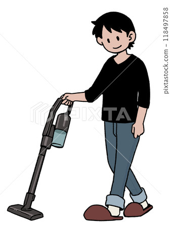 A man cleaning easily with a stick vacuum cleaner A man cleaning easily with a stick vacuum cleaner 118497858