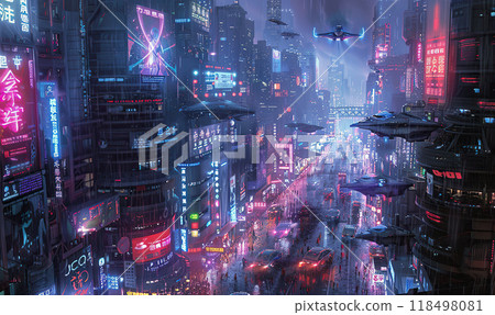 Futuristic City Skyline at Night, Generate Ai 118498081