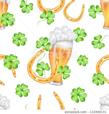 Seamless pattern with a glass of beer with a golden horseshoe and clover petals for St. Patrick's Day. Watercolor illustration. Symbol of good luck, wealth or success. Hand drawn isolated background. 118498131
