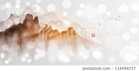 Ink wash painting of misty mountain ranges on white shimmering background. Traditional oriental ink painting sumi-e, u-sin, go-hua. Hieroglyph - clarity Ink wash painting of misty mountain ranges on white shimmering background. Traditional oriental ink painting sumi-e, u-sin, go-hua. Hieroglyph - clarity 118498357