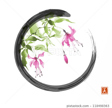 Minimalist painting of pink fuchsia flowers in black enso zen circle. Traditional oriental ink painting sumi-e, u-sin, go-hua. Hieroglyph - beauty Minimalist painting of pink fuchsia flowers in black enso zen circle. Traditional oriental ink painting sumi-e, u-sin, go-hua. Hieroglyph - beauty 118498363