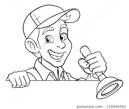Plumber Plunger Tool Cartoon Plumbing Man Handyman Plumber Plunger Tool Cartoon Plumbing Man Handyman 118498381