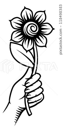 Hand Holding Flower Vintage Woodcut Tattoo Style Hand Holding Flower Vintage Woodcut Tattoo Style 118498383