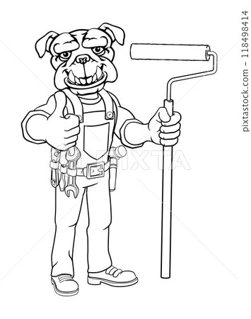 Bulldog Painter Decorator Paint Roller Mascot Man Bulldog Painter Decorator Paint Roller Mascot Man 118498414