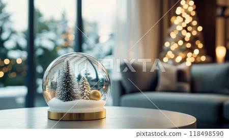 christmas snow globe on table in livingroom christmas snow globe on table in livingroom 118498590
