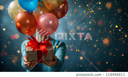Girl holds colorful gift balloons with gift box, celebrating birthday background. Generative AI 118498811