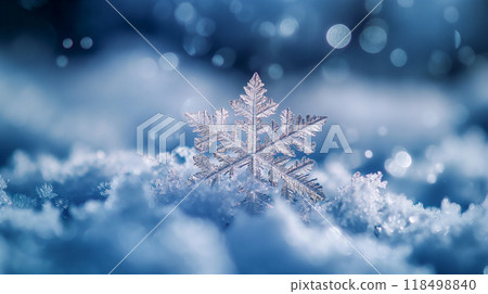 Delicate snowflake on soft winter snow, serene backdrop, winter background. Generative AI Delicate snowflake on soft winter snow, serene backdrop, winter background. Generative AI 118498840