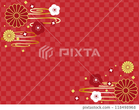 可用於新年和慶祝活動的梅花和菊花的紅色日本圖案設計背景 118498968