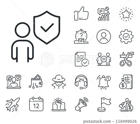 Body guard sign. Salaryman, gender equality and alert bell outline icons. Security shield line icon. Private protection symbol. Security line sign. Spy or profile placeholder icon. Vector 118499026