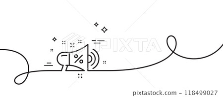 Sale megaphone line icon. Continuous one line with curl. Discount shopping sign. Clearance symbol. Sale megaphone single outline ribbon. Loop curve pattern. Vector 118499027