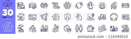 Graph chart, Lotus and Buy car line icons pack. Headphones, Info, Video conference web icon. Vip security, Hypoallergenic tested, Copyright pictogram. Clean bubbles, Realtor, Chemistry lab. Vector 118499029