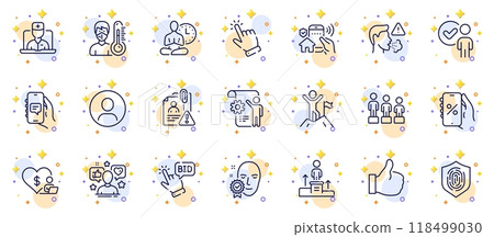 Outline set of Cough, Telemedicine and Cursor line icons for web app. Include Verification person, Volunteer, Yoga pictogram icons. House security, Thermometer, Business podium signs. Vector Outline set of Cough, Telemedicine and Cursor line icons for web app. Include Verification person, Volunteer, Yoga pictogram icons. House security, Thermometer, Business podium signs. Vector 118499030