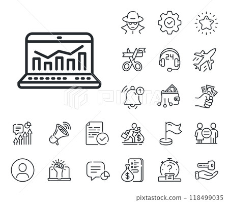 Web analytics symbol. Salaryman, gender equality and alert bell outline icons. Marketing statistics line icon. Laptop or Notebook sign. Web analytics line sign. Spy or profile placeholder icon. Vector Web analytics symbol. Salaryman, gender equality and alert bell outline icons. Marketing statistics line icon. Laptop or Notebook sign. Web analytics line sign. Spy or profile placeholder icon. Vector 118499035