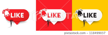 Like tag. Speech bubbles with bell and woman silhouette. Social media message. Favorite or Awesome notification. Like chat speech message. Woman with megaphone. Vector Like tag. Speech bubbles with bell and woman silhouette. Social media message. Favorite or Awesome notification. Like chat speech message. Woman with megaphone. Vector 118499037