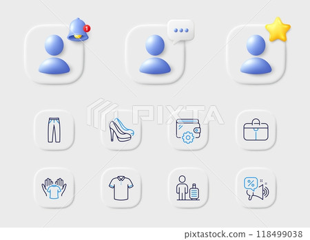 Baggage, T-shirt and Shoes line icons. Placeholder with 3d star, reminder bell, chat. Pack of Wallet, Hold t-shirt, Discounts offer icon. Handbag, Pants pictogram. For web app, printing. Vector Baggage, T-shirt and Shoes line icons. Placeholder with 3d star, reminder bell, chat. Pack of Wallet, Hold t-shirt, Discounts offer icon. Handbag, Pants pictogram. For web app, printing. Vector 118499038