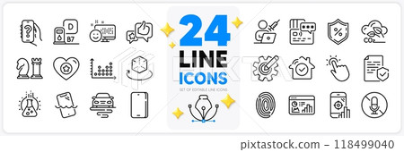 Icons set of Like, Certificate and Diesel station line icons pack for app with Dot plot, Chess, Cogwheel thin outline icon. Help app, Heart, Seo statistics pictogram. Co2 gas, Touchpoint. Vector 118499040