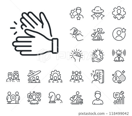 Clap sign. Specialist, doctor and job competition outline icons. Clapping hands line icon. Victory gesture symbol. Clapping hands line sign. Avatar placeholder, spy headshot icon. Vector 118499042