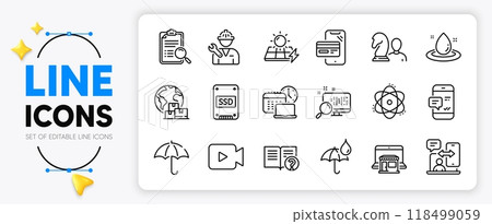 Waterproof umbrella, Repairman and Marketplace line icons set for app include Umbrella, Smartphone notification, Work time outline thin icon. Solar panels, Online shopping, Atom pictogram icon. Vector 118499059
