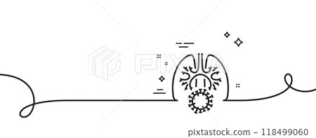 Lungs with coronavirus line icon. Continuous one line with curl. Pneumonia disease sign. Respiratory distress symbol. Coronavirus lungs single outline ribbon. Loop curve pattern. Vector 118499060