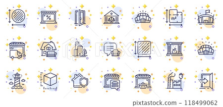 Outline set of Sports stadium, Lighthouse and Open door line icons for web app. Include Skyscraper buildings, Lounge place, Arena stadium pictogram icons. Square area, Delivery truck. Vector 118499062