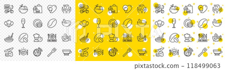 Outline Fork, Dry cappuccino and Coffee beans line icons pack for web with Coffee, Pasta dish, Potato chips line icon. Food delivery, Soy nut, Pizza pictogram icon. Wineglass, Ice creams. Vector 118499063