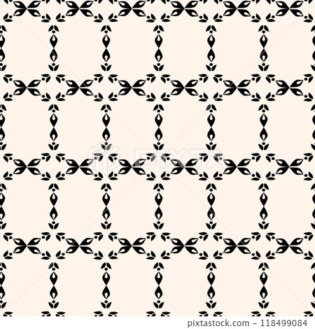 Vector black and white floral seamless pattern. Abstract minimal geometric ornament with flowers in oriental style. Simple monochrome background. 118499084