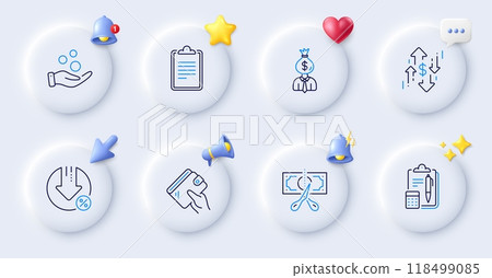 Loan percent, Donation money and Cut tax line icons. Buttons with 3d bell, chat speech, cursor. Pack of Dollar rate, Clipboard, Accounting icon. Manager, Wallet pictogram. Vector Loan percent, Donation money and Cut tax line icons. Buttons with 3d bell, chat speech, cursor. Pack of Dollar rate, Clipboard, Accounting icon. Manager, Wallet pictogram. Vector 118499085