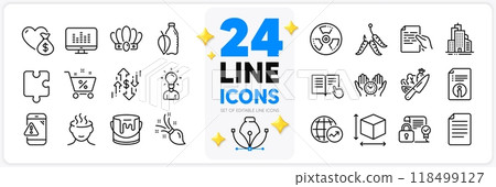 Icons set of Crown, Warning message and Loan percent line icons pack for app with Technical info, Maggots, Brush thin outline icon. Paint, Music making, Stress pictogram. Safe time. Vector 118499127