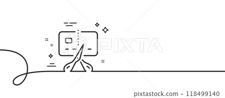 Bankrupt line icon. Continuous one line with curl. Cut credit card sign. Bank card with scissors symbol. Bankrupt single outline ribbon. Loop curve pattern. Vector Bankrupt line icon. Continuous one line with curl. Cut credit card sign. Bank card with scissors symbol. Bankrupt single outline ribbon. Loop curve pattern. Vector 118499140