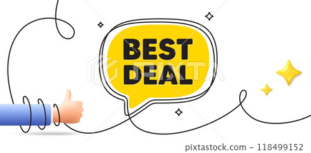 Best deal tag. Continuous line art banner. Special offer Sale sign. Advertising Discounts symbol. Best deal speech bubble background. Wrapped 3d like icon. Vector 118499152